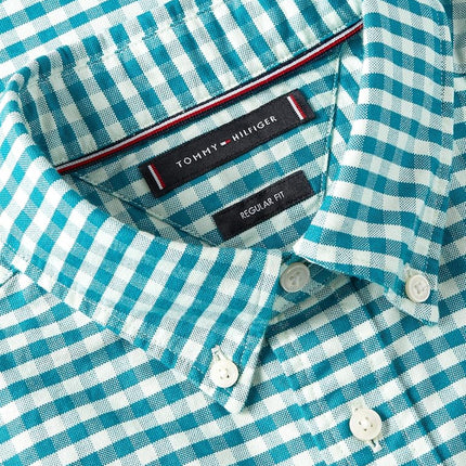 Tommy Hilfiger Men's Heritage Oxford Gingham Regular Short Sleeve Shirts, DEEP Ocean/Check XX-Large