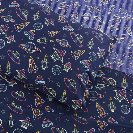1500 Supreme Kids Bed Sheet Collection - Fun Colorful and Comfortable Boys and Girls Toddler Sheet Sets - Deep Pocket Wrinkle Free Soft and Cozy Bedding - Twin, Neon Spaceships
