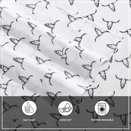 Wrangler- King Sheet Set, Silky & Lightweight Bedding Set, Yellowstone Inspired, Casual Home Décor (Steer Skulls Black, King)