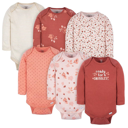 Gerber Baby Girls' 6-Pack Long-Sleeve Onesies Bodysuits, Leaves, 0-3 Months