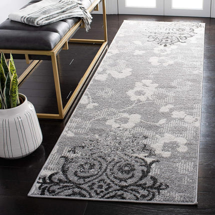 Safavieh Floral Glam Damask Indoor Woven Runner Area Rug, Adirondack Collection, ADR114, in Silver / Ivory, 76 X 244 cm for Living Room, Bedroom or Any Indoor Space