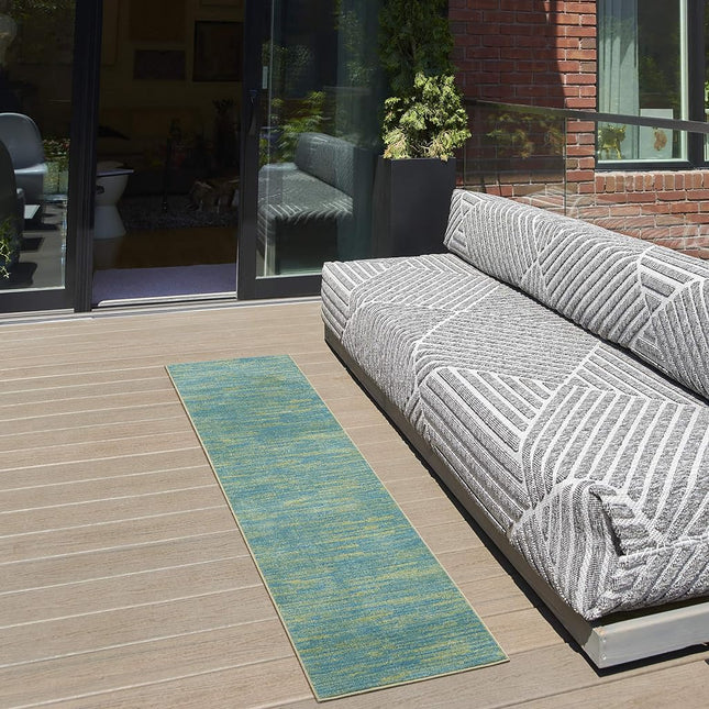 Nourison Essentials Indoor/Outdoor Blue Green 2'2" x 7'6" Area Rug, Easy Cleaning, Non Shedding, Bed Room, Living Room, Dining Room, Backyard, Deck, Patio (2x8)