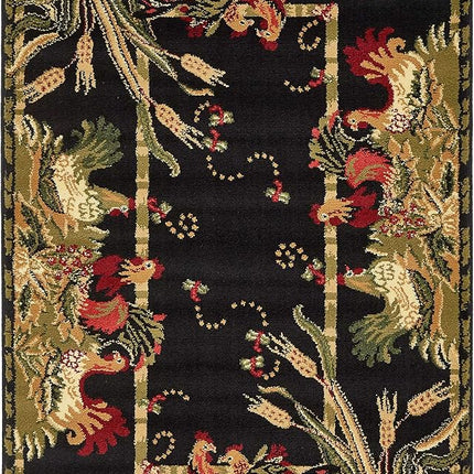 Alfombra de área negra Unique Loom Barnyard Collection French Country Cottage Roosters (2,7 m x 3,6 m)