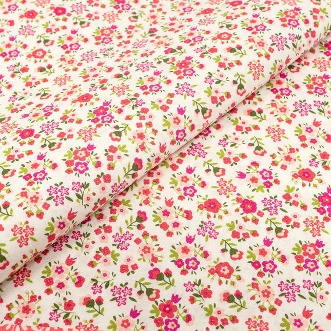 Singer Print Fabric, 100% Premium Cotton,Small Pink Flowers On White, Cut by The Yard