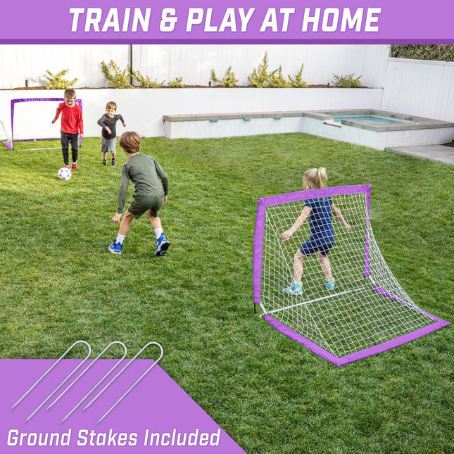 GoSports Team Tone 4 ft x 3 ft Portable Soccer Goals for Kids - Set of 2 Pop Up Nets for Backyard - Purple