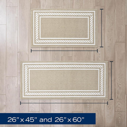 Nautica – Runner Rug 2 Piece Set | Indoor Runners for Hallways and Entry Rugs| Non-Skid Entry and Kitchen Door Mat| Machine Washable Carpet Rugs | 2'2" x 3'9" and 2'2" x 5' | Rope Border Beige