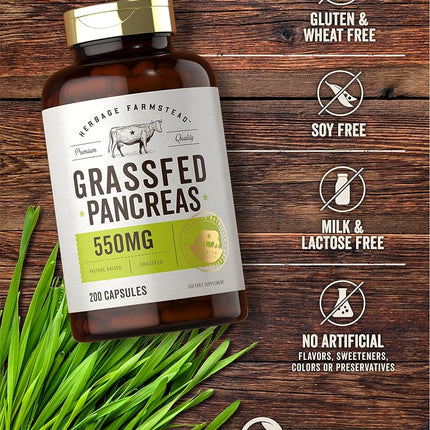 Grass Fed Beef Pancreas 550mg | 200 Capsules | Desiccated Pasture Raised Bovine Supplement | Non-GMO, Gluten Free | by Herbage Farmstead