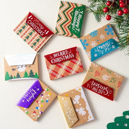 JOYIN 12PCS Gift Card Boxes Holder for Christmas, 3.75" x 2.5" x 0.4" Brown Kraft Paper Envelope Boxes for Presents Wrapping, 12 Design Xmas Holiday Birthday Decor, Small Party Favor Money Cash Holder