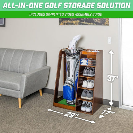 GoSports Premium Wooden Golf Bag Organizer and Storage Rack – Black, Brown, and White
