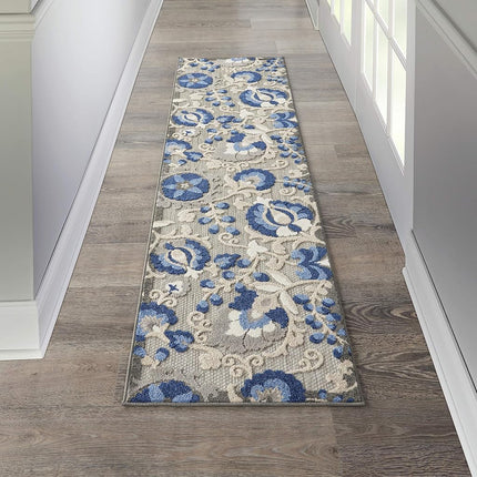 Nourison ALH17 Aloha Indoor/Outdoor Floral Natural/Blue 2' x 6' Area Rug (6' Runner), 2'X6',