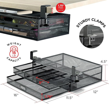 Under Desk Drawer Organizer Clamp-On, Mesh Metal Desk Drawer Attachment, 2 Drawer Slide Out, On Desk Or Under Desk Organizer For Office Supplies & Home Essentials (2 Drawers)