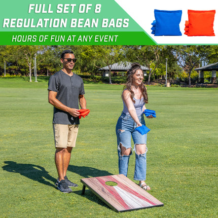 GoSports 3 x 2 ft Cornhole Board Set - Portable Outdoor Toss Game for Adults & Family - Includes Set of 8 Bean Bags with Built-in Storage - Rustic