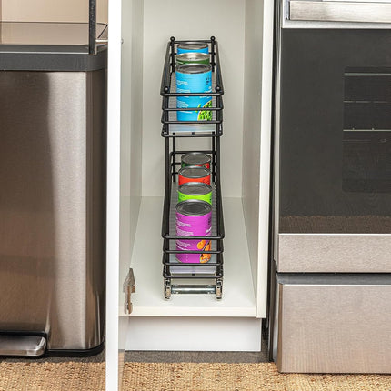 Organisateur coulissant étroit pour armoire Household Essentials, organisateur à deux niveaux, noir mat, idéal pour les armoires étroites dans la cuisine, la salle de bain et plus encore.