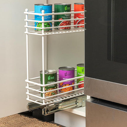 Household Essentials Narrow Sliding Cabinet Organizer, Two Tier Organizer, White, Great for Slim Cabinets in Kitchen, Bathroom and More