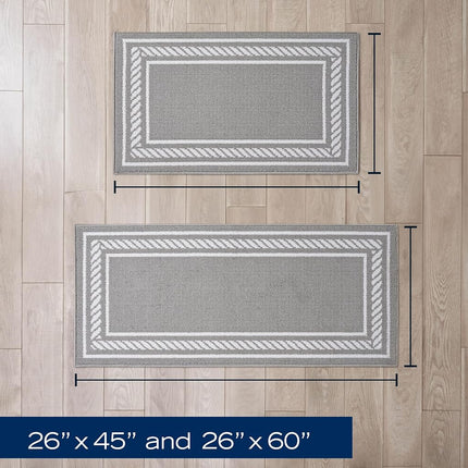 Nautica – Runner Rug 2 Piece Set | Indoor Runners for Hallways and Entry Rugs| Non-Skid Entry and Kitchen Door Mat| Machine Washable Carpet Rugs | 2'2" x 3'9" and 2'2" x 5' | Rope Border Light Grey