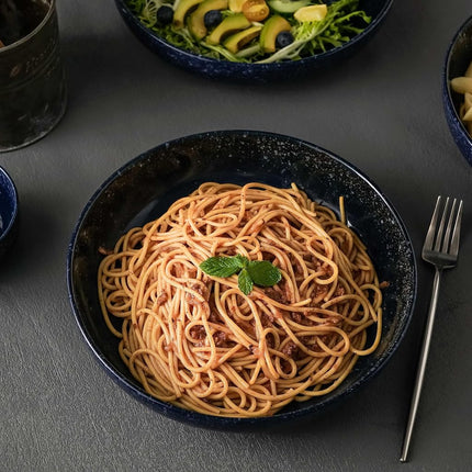 S&Q'S Ceramics Large Serving Bowls Set of 4, 60 Ounce Salad, 10'' Ceramic Wide Shallow Bowl Plates, Pasta Dishes for Fruit, Party, Entertaining, Microwave Safe(Navy Blue), (TSW2021)