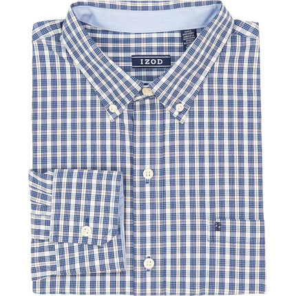 Izod Men's Big and Tall Performance Comfort Long Sleeve Plaid Button Shirt, Estate Blue Check, 3XL