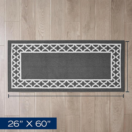 Nautica – Tufted Runner Rug | Collin Trellis Border Design | Modern Home Décor | Non-Slip| Machine Washable | Carpet for Entryway & Hallway | Measures 26” x 60” | Dark Grey and White