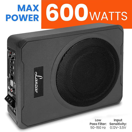 8-Inch Low-Profile Amplified Subwoofer System - 600 Watt Compact Enclosed Active Underseat Car Audio Subwoofer with Built in Amp, Powered Car Subwoofer w/ Low & High Level Inputs - Pyle SBA8A.5