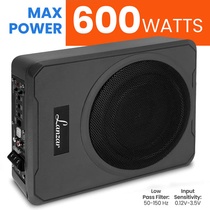 8-Inch Low-Profile Amplified Subwoofer System - 600 Watt Compact Enclosed Active Underseat Car Audio Subwoofer with Built in Amp, Powered Car Subwoofer w/ Low & High Level Inputs - Pyle SBA8A.5