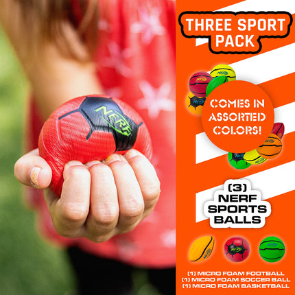 Nerf Franklin Sports Micro Foam Sports Ball Set - 3pc Kids Foam Mini Football, Soccer Ball, Basketball - Green, Orange, Red