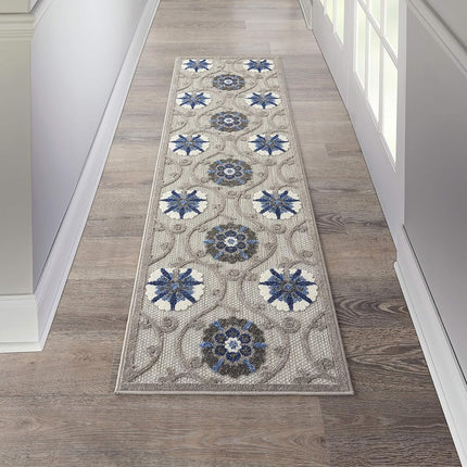 Nourison ALH19 Aloha Indoor/Outdoor Floral Grey/Blue 2'3" x 8' Area Rug (8' Runner), 2'3"X 8',
