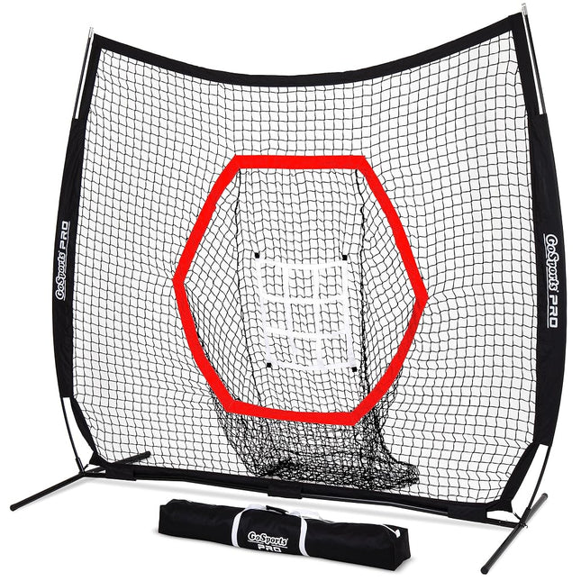 GoSports 7 ft x 7 ft PRO Baseball & Softball Practice Hitting & Pitching Net with Bow Type Frame, Carry Case and Strike Zone, Ultimate Training Net