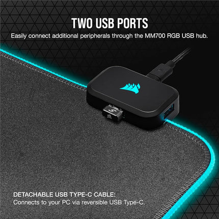 Corsair MM700 RGB Extended Cloth Gaming Mouse Pad - 930mm x 400mm - 360° RGB Lighting - Two USB Port Hub - Thick Rubber - Black