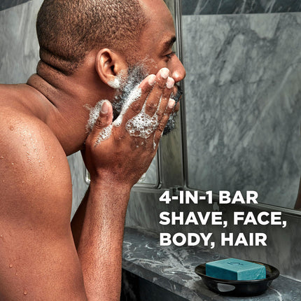 Dove Men + Care Jabón en Barra de Aceites Esenciales Naturales para Limpiar e Hidratar la Piel Masculina Carbón Exfoliante + Aceite de Clavo Jabón en Barra 4 en 1 para Cuerpo, Cabello, Rostro y Afeitado Masculino 141 g 4 unidades