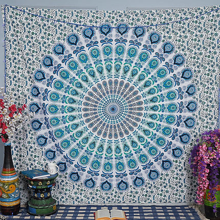 FURNISHFUL FINESSE Sky Blue Peacock Mandala Tapest