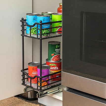 Rangement coulissant étroit à deux niveaux Household Essentials, noir mat, idéal pour les armoires minces dans la cuisine, la salle de bain et plus encore