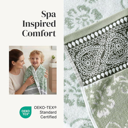 Modern Threads 6 Piece Set, 2 Bath Towels, 2 Hand Towels, 2 Washcloths Yarn Dyed Jacquard/Solid Towel Set Ophelia Dark Sage
