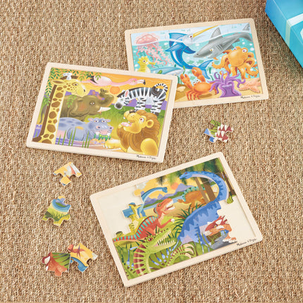 Paquete de rompecabezas Melissa & Doug (dinosaurios, safari y océano) - Rompecabezas de animales, rompecabezas de madera para niños de 3 años en adelante