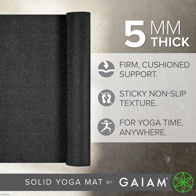 Gaiam Yoga Mat Premium Solid Color Non Slip Exercise & Fitness Mat for All Types of Yoga, Pilates & Floor Workouts, Black, 5mm, 68"L x 24"W x 5mm
