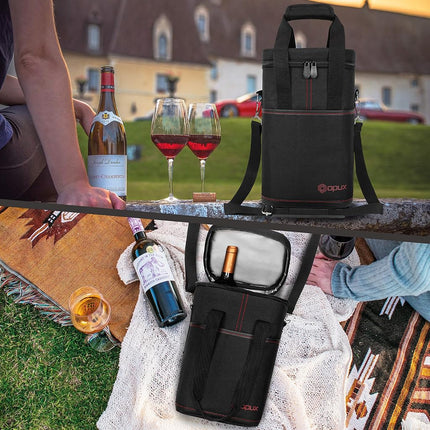 opux Wine Bag, 4 Bottle Wine Cooler Bag, Insulated Wine Tote Carrier for Travel Picnic BYOB, Leakproof Padded Portable Wine Bottle Bag for Wine Lovers Gift Women Men Christmas (Black)