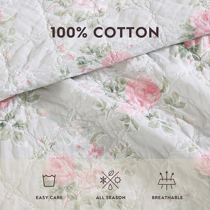 Laura Ashley Reversible Cotton Bedding with Matching Sham(s), Lightweight Home Decor for All Seasons, Melany Pink, Queen