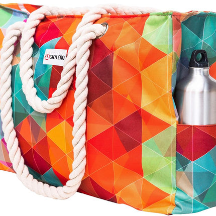 SHYLERO Beach Bag XL. 100% Waterproof (IP64). L22 xH15 xW6 w Cotton Rope Handles, Top Zipper, Extra Outside Pocket. Beach Tote Has Waterproof Phone Case, Built-in Key Holder, Bottle Opener (Rainbow)