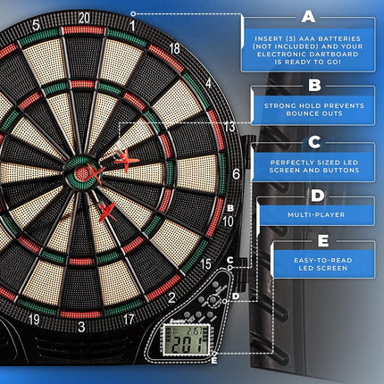 Franklin Sports Soft Tip Electronic Dartboard Set - Digital Scoreboard + Cabinet - Adult Soft Tip Darts Set (6 Darts Included) - FS3000