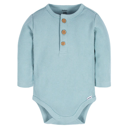 Gerber Baby Boys' 2-Pack Long Sleeve Henley Onesies, Blue and Ivory, 0-3 Months