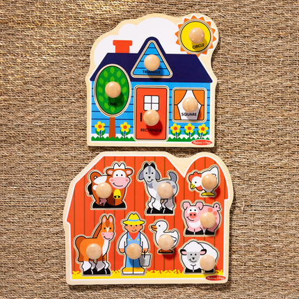 Melissa & Doug Wooden Jumbo Peg Puzzle 2-Pack for Baby and Toddler Boys and Girls � Large Farm, First Shapes