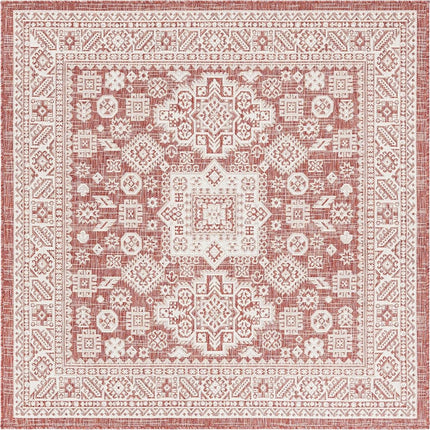 Tapis d'extérieur Unique Loom Collection Aztec - Chalca (1,60 m x 1,60 m, Rouge rouille/Ivoire)