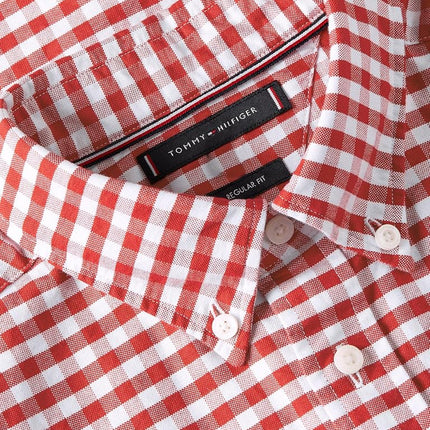 Tommy Hilfiger Men's Heritage Oxford Gingham Regular Long Sleeve Shirts, Medium RED/Check Small