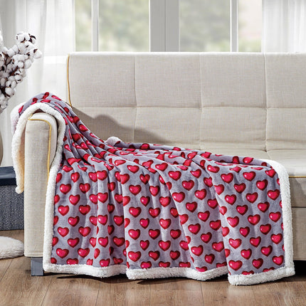 Elegant Comfort Luxury Valentine’s Day Sherpa Throw Blanket Ultra-Soft Cozy Velvet Pink Hearts Fleece Throw-Micromink Sherpa for Her, Wife, Girlfriend, Sherpa Reversible Blanket- Juliette
