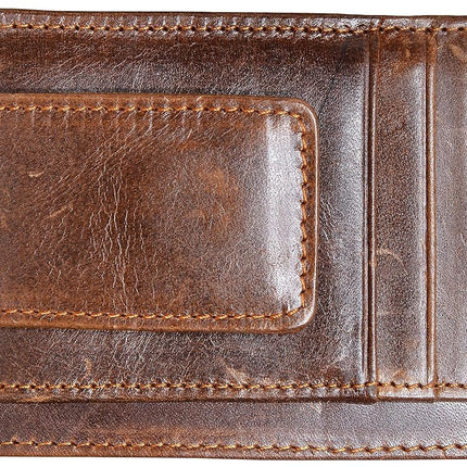 HOPSOOKEN Clip de Dinero RFID Billetera de Bolsillo Delantero de Cuero Delgada Minimalista para Hombre, Marrón con Ventana de Identificación (Cuero Crazy Horse), S