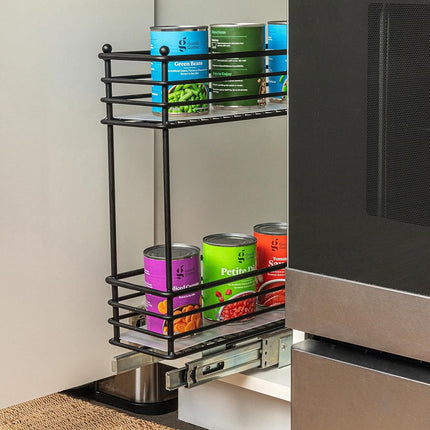 Organisateur coulissant étroit pour armoire Household Essentials, organisateur à deux niveaux, noir mat, idéal pour les armoires étroites dans la cuisine, la salle de bain et plus encore.
