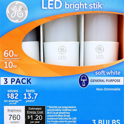 GE Lighting 32282 LED Bright Stik 10-watt (60-Watt Replacement), 760-Lumen Light Bulb with Medium Base, Soft White, 3-Pack