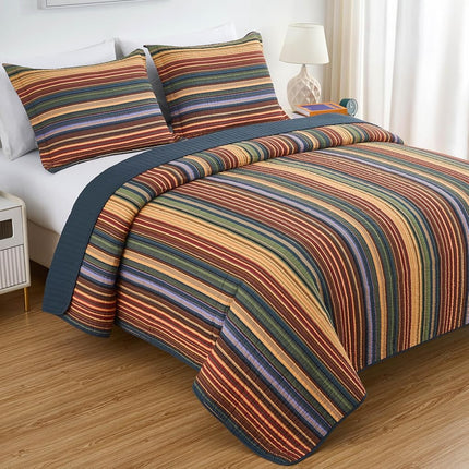 Chezmoi Collection Avery 3-Piece Multi-Color Striped 100% Washed Cotton Quilt Set King Size