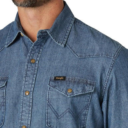 Wrangler Men's Iconic Regular Fit Snap Shirt Button, Mid Tint Denim, S