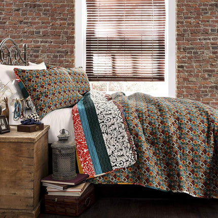 Lush Decor Quilt Reversible 3 Piece Bohemian Design Bedding Set, Cotton, Turquoise & Tangerine, Full/Queen