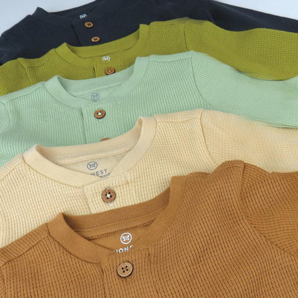 HonestBaby 5-Pack Waffle Henley Long Sleeve Shirts 100% Organic Cotton for Infant Baby and Toddler Boys, Unisex, Castle Creek, 24 Months